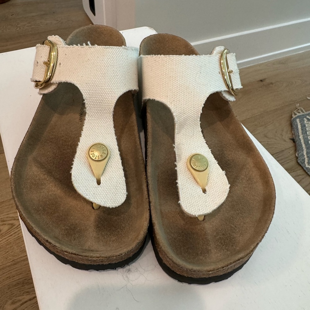 Birkenstock White Canvas Gizeh Thong Sandals with Gold Buckles
